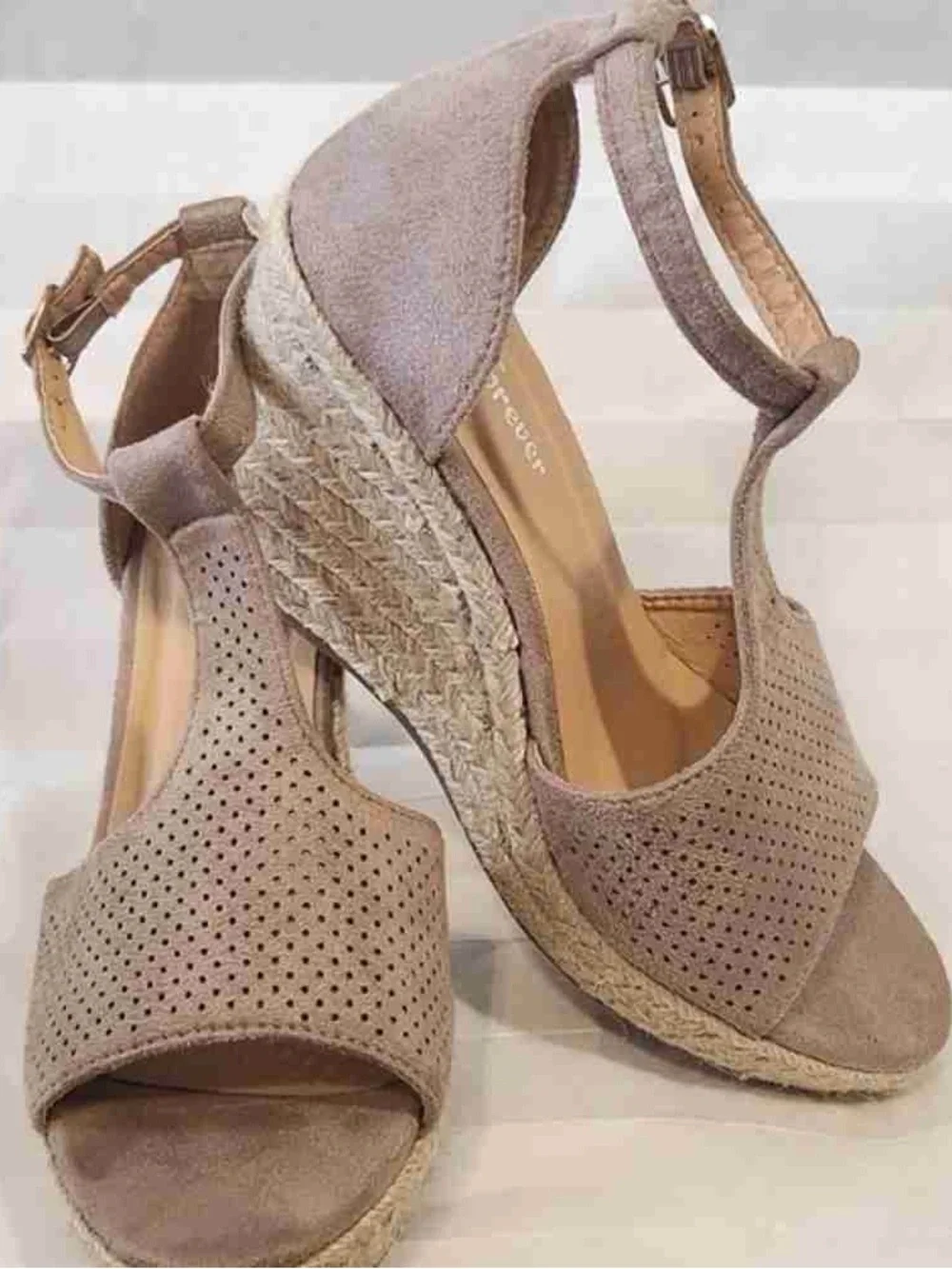 Women’s Taupe Suede Wedge Sandals with Ankle Strap